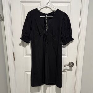 Denim Black Short Puff Sleeve Tie-Front Dress